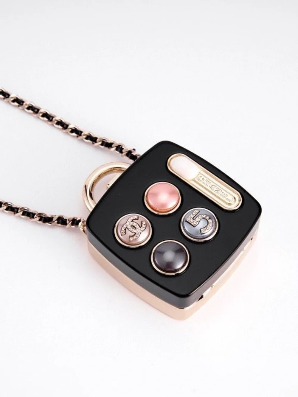 CHANEL Black Resin Charm Pendant with Pink and Gray Enamel Buttons
